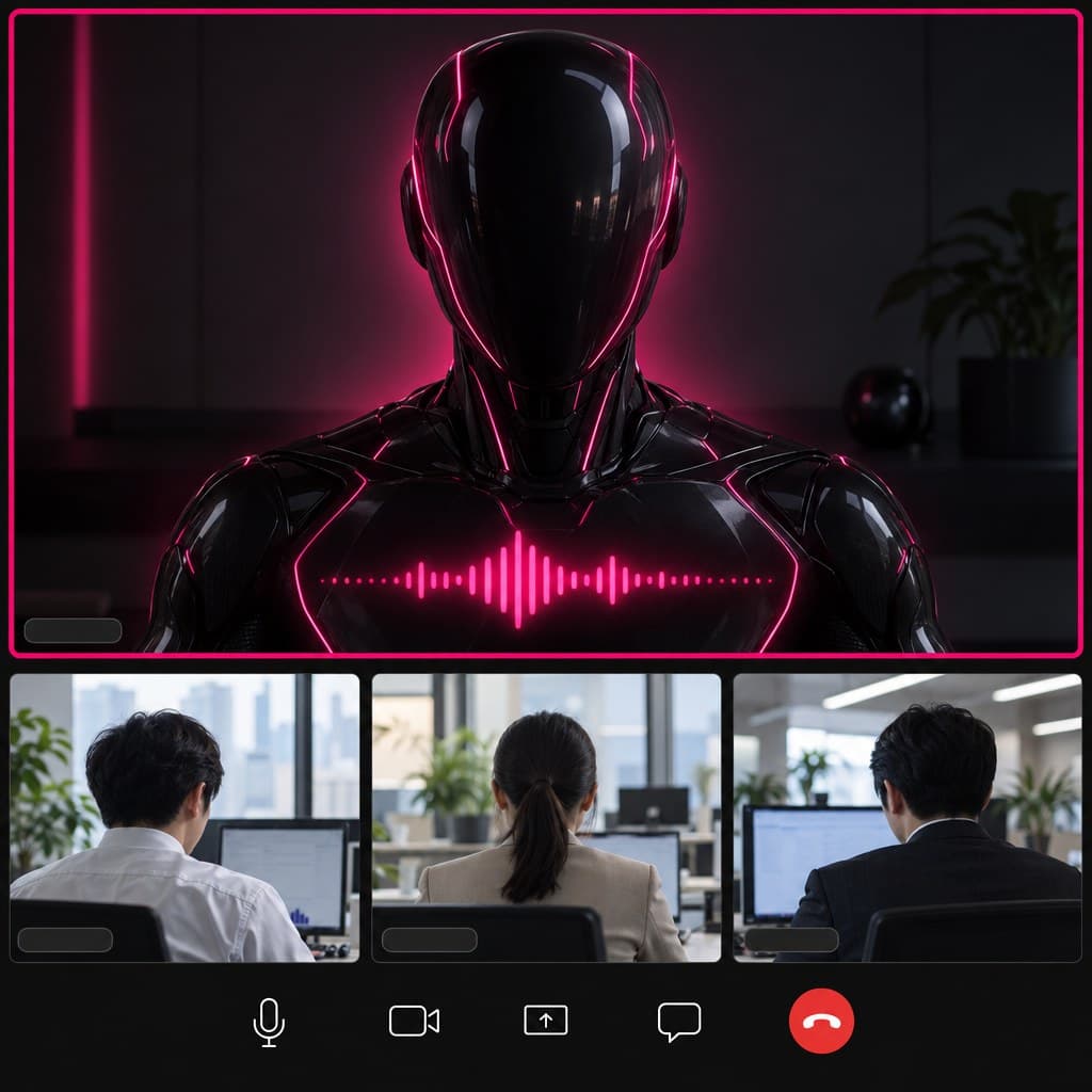 Web会議の画面で、発言中の枠に囲まれた顔のない人型のAIが話し、下に参加者の映像が並んでいる場面