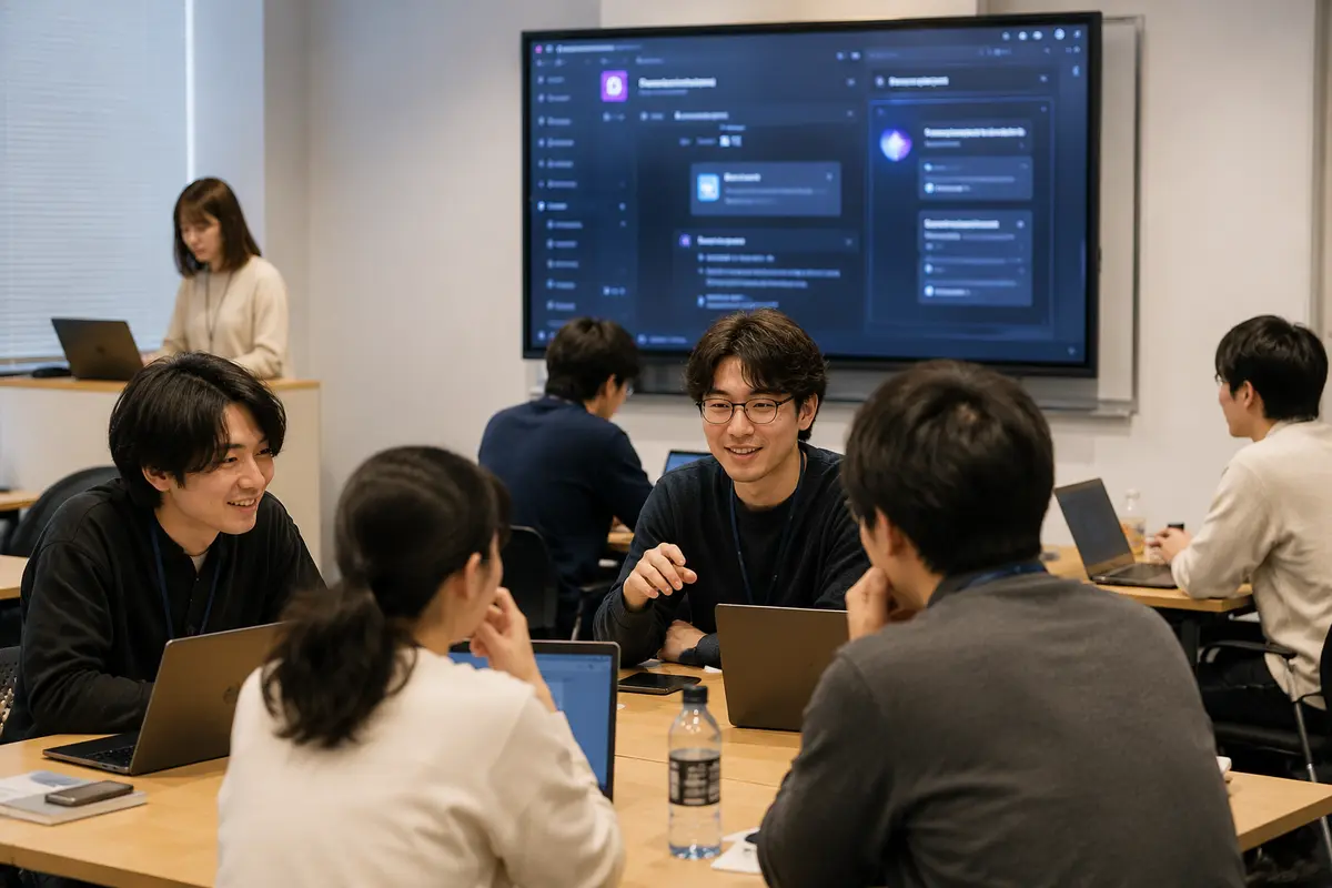 生成AI研修のワークショップ風景。大型スクリーンの前で、ノートPCを囲んだ参加者たちが議論している