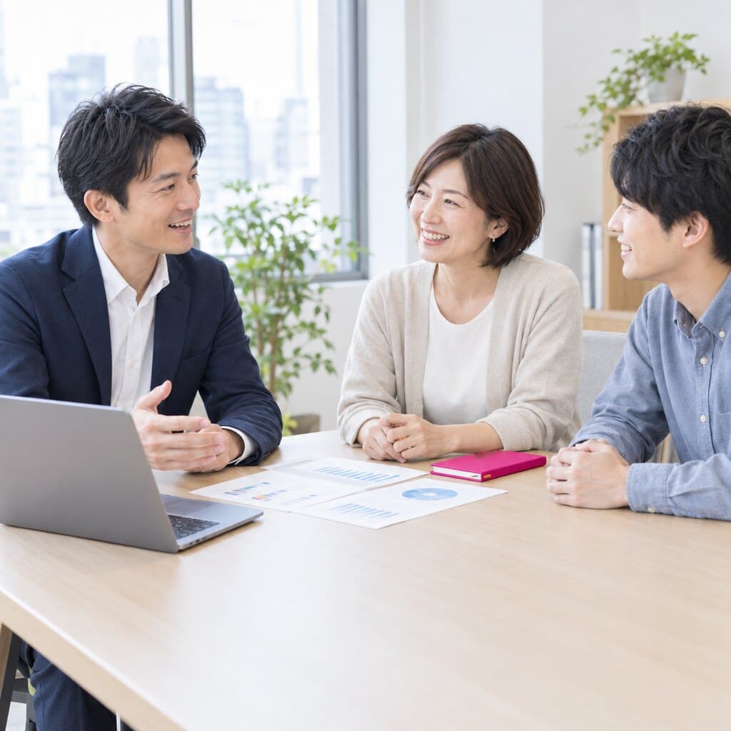 明るい会議室で、コンサルタントと経営者・社員が笑顔で相談している場面